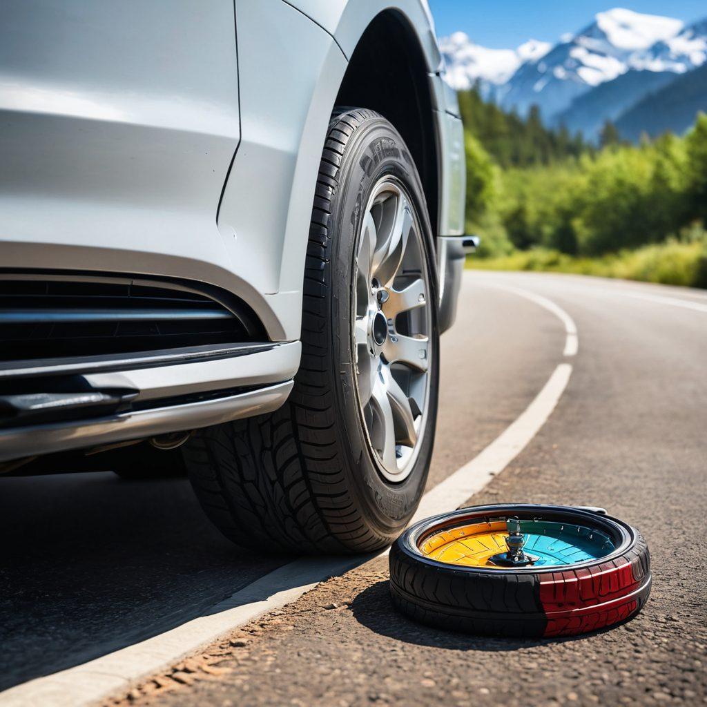A close-up view of a well-maintained tire on a sunlit road, displaying intricate tread patterns and vibrant rubber textures, surrounded by tools like a tire pressure gauge and a wrench on one side. In the background, a calm landscape with mountains and clear skies emphasizes the importance of safe driving. Include an infographic-style overlay with tire safety tips subtly integrated into the image. super-realistic. vibrant colors. white background.