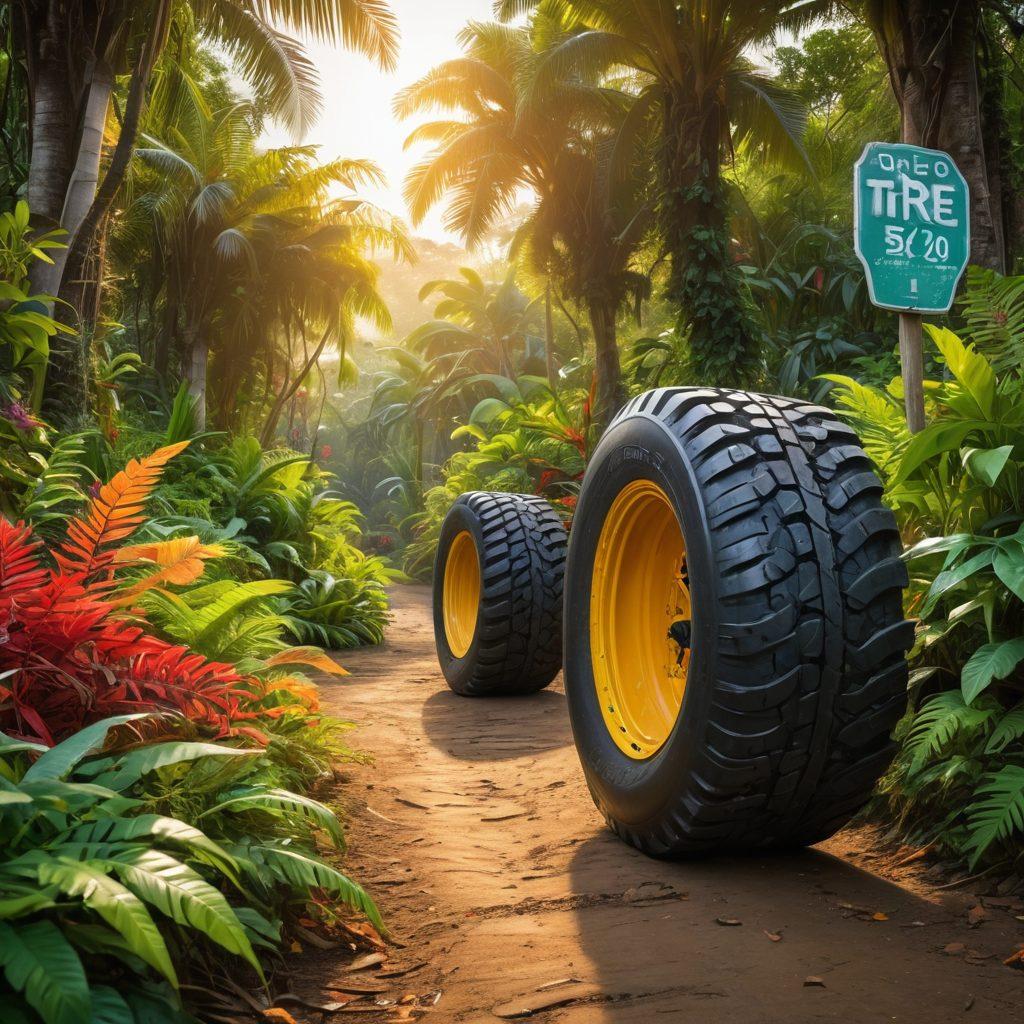 A dense jungle made of various tire types, showcasing colorful, oversized tires intertwined with lush green vines and tropical foliage. A well-trodden path forked in multiple directions, featuring signs with tire ratings and evaluations to guide the viewer. Include a majestic sunrise illuminating the scene, creating a sense of adventure and exploration. The atmosphere should feel lively and inviting, capturing the essence of a tire jungle. vibrant colors. super-realistic.