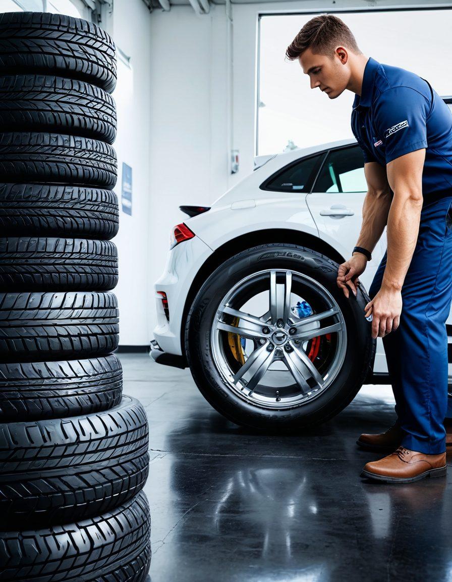 A detailed illustration of various tire models on display with labels showcasing key features and performance ratings. Include a vehicle in the background with a clear focus on the tires and a mechanic inspecting them. Infuse the scene with vibrant colors to emphasize the different tire attributes and create a sense of action. Use a modern, clean design style to enhance clarity and engagement. super-realistic. vibrant colors. white background.